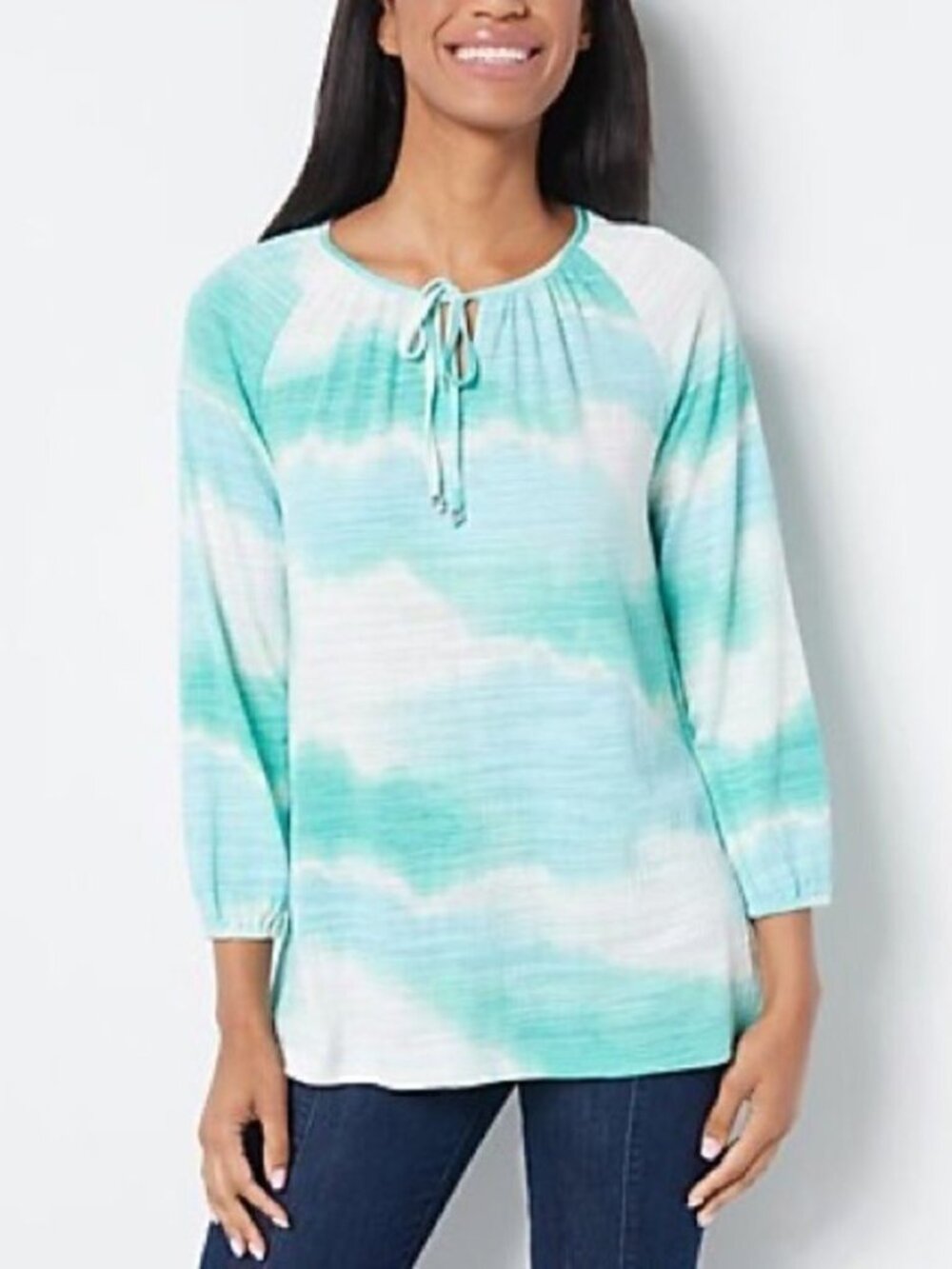 Susan Graver Tie Dye Print Crinkle Knit Long Sleeve Peasant Top